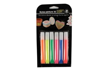 6 stylos peinture 3D 10.5 ml, couleurs phosphoresentes 