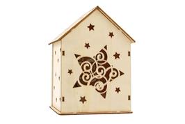Maison bois dentelle étoile, bougie lel incluse, 11x7x7 cm