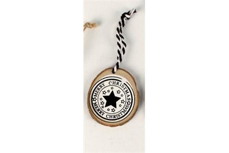 Suspension tranche de bois ronde impression noir et blanc étoile - 5 x 0,4 cm