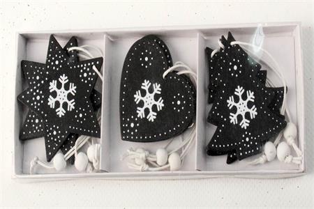 Boîte 9 suspensions en bois imprimé noir et blanc - étoile, cœur et sapin - 5,8 x 5,8 x 0,2 cm