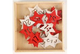 Coffret 24 étoiles en bois découpe chiffre rouge et blanc - diam. 2,6 cm