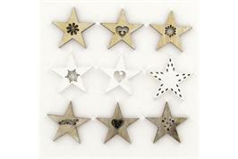 9 étoiles bois dentelle 4,5 cm, blanc, naturel, gris
