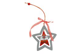 Suspension étoile, grise et rouge, cordelette vichy, 11x9 cm