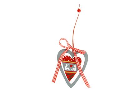 Suspension coeur, grise et rouge, cordelette vichy, 10,5x8 cm
