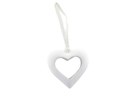 Suspension céramique blanche, forme coeur, découpe cœur,  avec cordelette organza, 8,7 cm