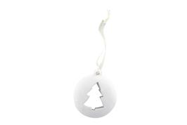 Suspension céramique blanche, forme boule-sapin, avec cordelette organza, 8,5 cm