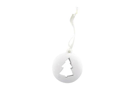 Suspension céramique blanche, forme boule-sapin, avec cordelette organza, 8,5 cm