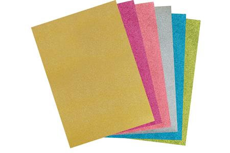 6 feuilles mousse glitter autocollantes 20x30 cm (1 rose, 1 fuschia, 1 turquoise, 1 vert anis, 1 or, 1 argent)