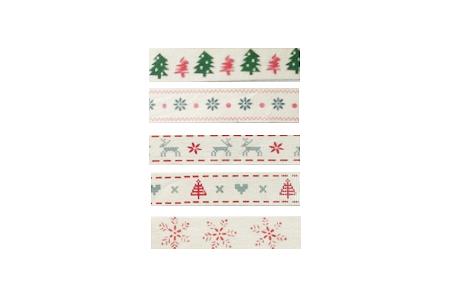 5 rubans coton Noël beige, rouge et vert - 1 m chacun - largeur 1,5 cm