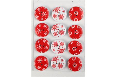 12 boutons en bois motifs Noël imprimés rouge et blanc - diam. 2,5 cm