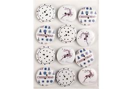 12 boutons en bois motifs Noël imprimés bleu et blanc - diam. 2,5 cm