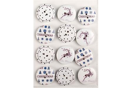 12 boutons en bois motifs Noël imprimés bleu et blanc - diam. 2,5 cm