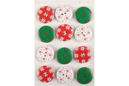 12 boutons en bois motifs Noël imprimés rouge et vert - diam. 2,5 cm