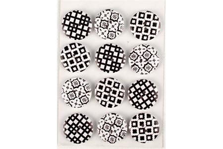 12 boutons en bois motifs imprimés noir et blanc - diam. 2,5 cm