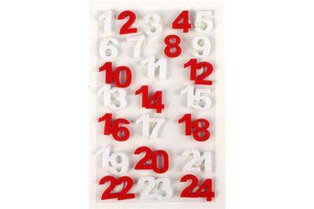 24 stickers chiffres en feutrine rouge et blanc - 2 cm