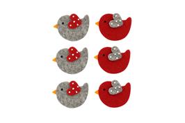 6 stickers feutrine oiseaux rouge et gris, 4 cm