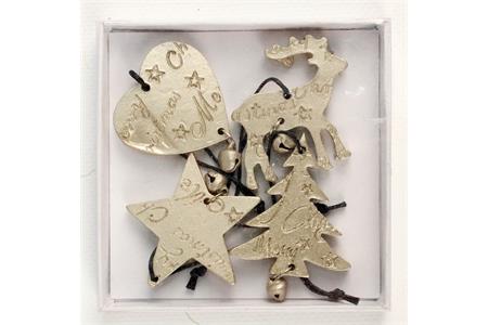 Coffret 4 pièces en résine métallisée champagne avec grelot à suspendre - décors de Noël - dim. 35 à 4,5 cm