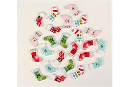 24 stickers numérotés en bois forme chaussette de Noël couleurs assorties - 2,7 x 2 x 0,2 cm