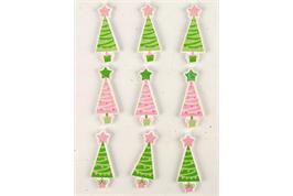 9 stickers bois forme sapin rose et vert pailleté - 4 x 1,5 cm