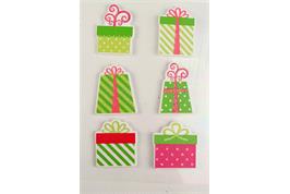 6 stickers bois forme cadeau rose et vert pailleté - 3,5 x 3 cm