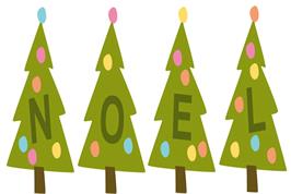 8 embellissements bois peints "sapins lettres", 4 cm