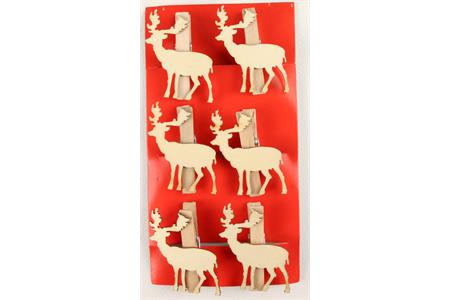 6 pinces à linge en bois forme cerf - 4,5 x 3,5 cm