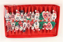 Boîte 24 pinces à linge numérotées motifs de Noël couleurs assorties - 4,7 cm