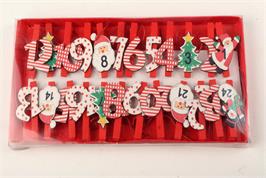 Boîte 24 pinces à linge numérotées motifs de Noël couleurs assorties - 4,7 x 2,5 cm