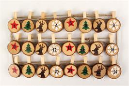 24 pinces à linge numérotées tranches de bois rondes imprimé motifs de Noël - 5 x 3,5 cm
