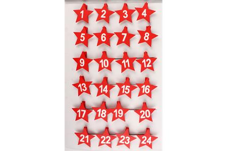 24 pinces à linge numérotées motifs étoiles rouge - 4,5 cm