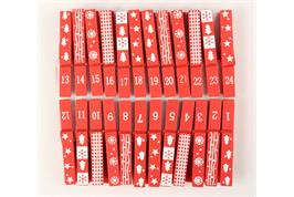 24 pinces à linge numérotées motifs de Noël peints blanc et rouge - 7,2 cm