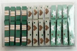 12 pinces à linge vert, blanc et brun motifs imprimés - 4,5 cm