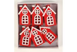 Boîte 6 pinces à linge forme maison rouge et blanc - 4,5 x 3 cm
