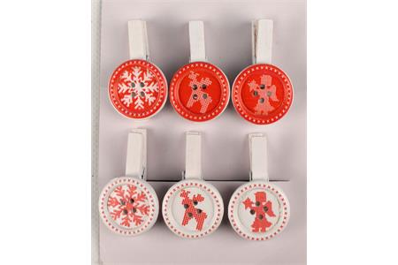 6 pinces à linge en bois forme bouton et impression motifs de Noël rouge et blanc - 5 x 2,7 cm