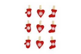9 pinces à linge 4,8 cm moufles, cœurs, chaussettes, rouge
