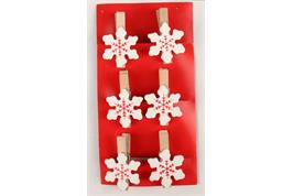 6 pinces à linge en bois forme flocon  blanc et rouge - 4,5 x 3 cm