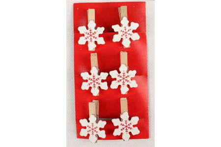 6 pinces à linge en bois forme flocon  blanc et rouge - 4,5 x 3 cm
