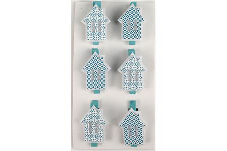 6 pinces à linge bois et feutrine forme maison  bleu glacier - 5 x 3 cm