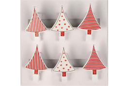 6 pinces à linge en bois forme sapin rouge et blanc pailleté - 4,5 x 3 cm