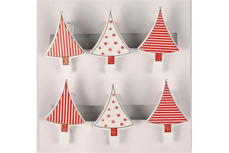 6 pinces à linge en bois forme sapin rouge et blanc pailleté - 4,5 x 3 cm