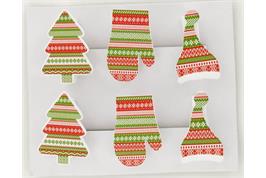 6 pinces à linge 4 cm, sapins, moufle, bonnet, rouge et vert