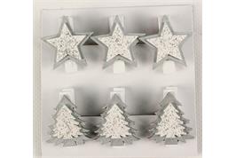 6 pinces à linge étoile et sapin pailleté argent - 3,5 x 3,5 cm