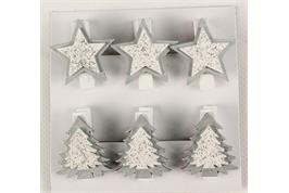 6 pinces à linge étoile et sapin pailleté argent - 3,5 x 3,5 cm