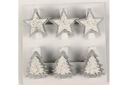 6 pinces à linge étoile et sapin pailleté argent - 3,5 x 3,5 cm