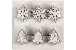 6 pinces à linge flocon et sapin pailleté argent - 3,5 x 3 cm