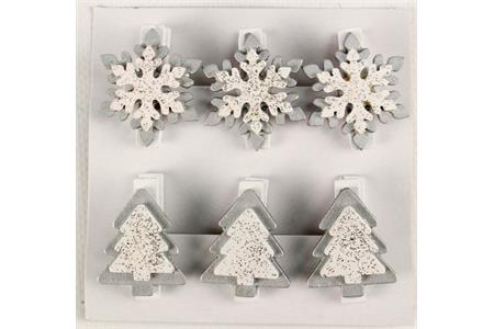 6 pinces à linge flocon et sapin pailleté argent - 3,5 x 3 cm