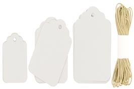 30 tags forme arrondie et 3 mètres de cordelette, blanc