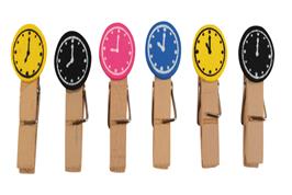 12 pinces à linge en bois motifs horloges  3.5 cm