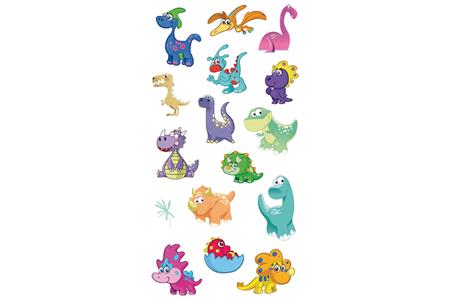 16 stickers 3D caoutchouc couleurs assorties - dinosaures de 2 à 4 cm