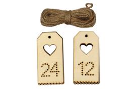 Tags bois fantaisie, cordelette jute 3.7x7.6x0.2 cm 24 pcs